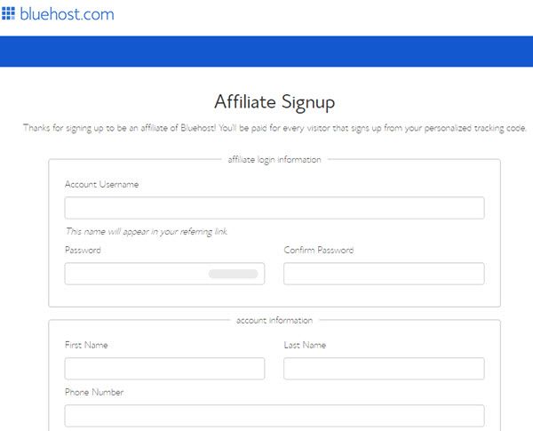 Bluehost Affiliate Signup