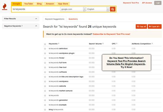 KeywordTool Latent Semantic Index Keywords