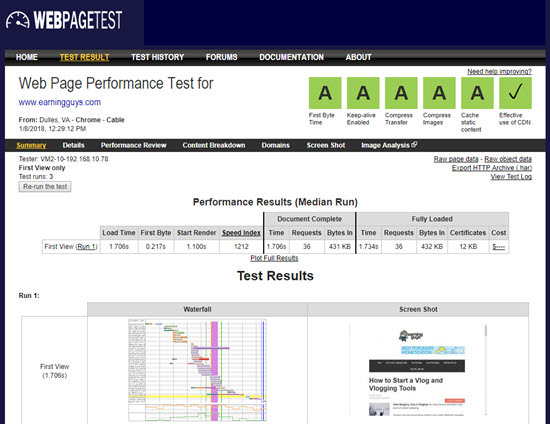 WebPageTest website speed test tools
