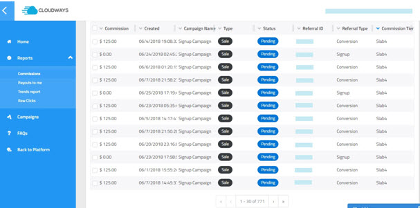 Cloudways affiliate program tracking panel